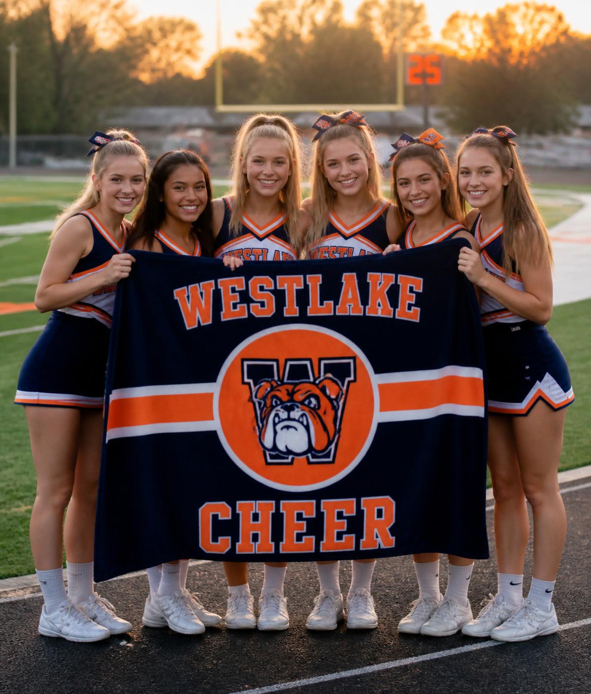 Cheer squad proudly holding a custom Spirit Blanket on the football field