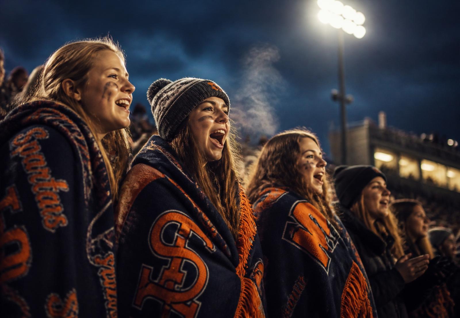 Cheering fans wrapped in team-branded Spirit Blankets under Friday-night stadium lights